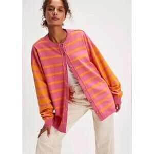 Free People Classic Striped Cardigan Pink and Orange, size small, preppy, rugby